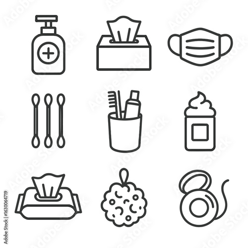 Hygiene Icon Set. Outline icon set of personal hygiene: hand sanitizer, tissue box, face mask, cotton swabs, toothbrush holder,