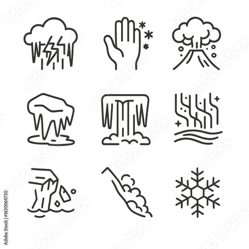 Ice Age Icon Set. Outline icon set of ice age phenomena: ice storm, frostbite, volcanic ash, melting glacier, frozen waterfall,