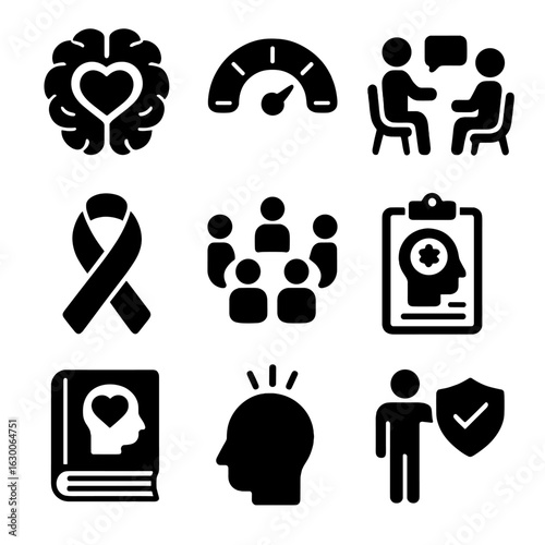 Mental Health Icons. Solid, filled icons set of mental health awareness: brain with heart, stress level gauge,