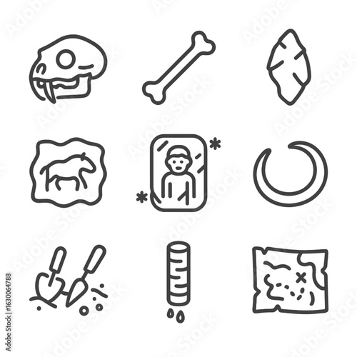 Ice Age Discoveries Icons. Outline icon set of ice age discoveries: fossil skull, ancient bone, stone tool, cave painting, frozen