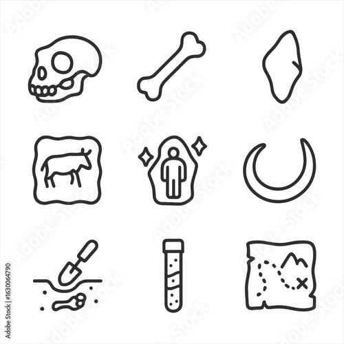 Ice Age Discoveries Icons. Outline icon set of ice age discoveries: fossil skull, ancient bone, stone tool, cave painting, frozen