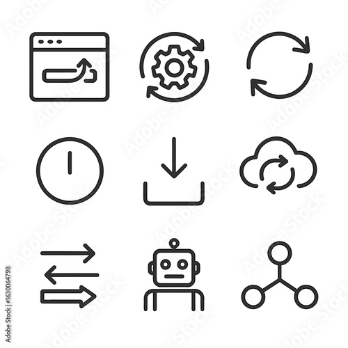 Technology Icons Set. Outline icon set of change in technology: software update, settings gear, refresh, reboot, download, cloud