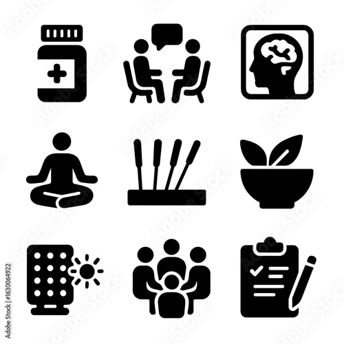 Mental Health Icons. Solid, filled icons set of Mental health treatments: pill bottle, therapy session, brain