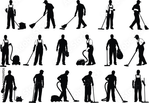Collection of silhouettes of cleaners with mops and vacuum cleaners performing various cleaning tasks