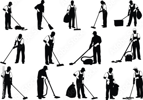 Collection of silhouettes of cleaners performing various tasks with cleaning equipment and supplies