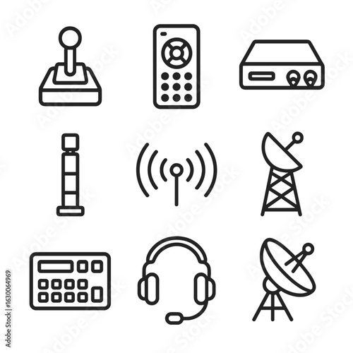 Telecommand Icon Set. Outline icon set of telecommand devices: joystick, remote panel, satellite modem, signal tower, radio wave,