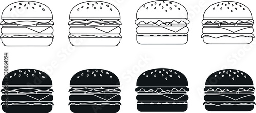 Burger icon set, outline and silhouette, fast food vector illustration, cheeseburger graphic, minimal hamburger design for restaurant branding