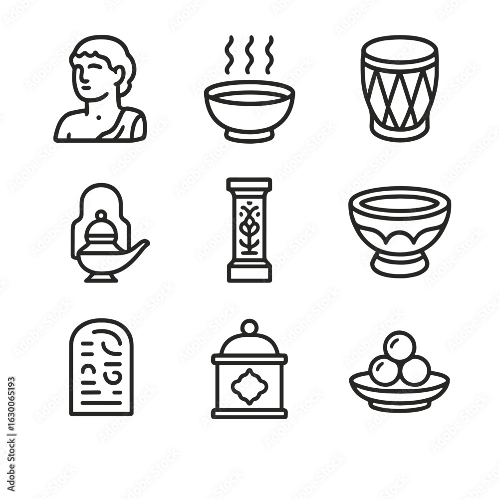 Obraz premium Temple Relics Icons. Outline icon set of temple relics: statue fragment, incense bowl, sacred drum, temple lamp, carved pillar,
