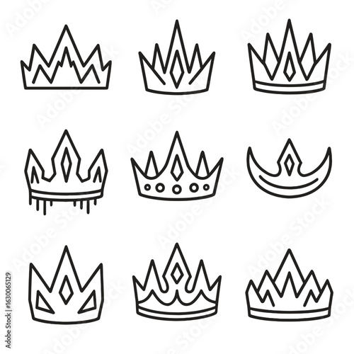 Ice Crown Icon Set. Outline icon set of ice crown history: ancient frost crowns, medieval ice tiaras, legendary glacier diadems,