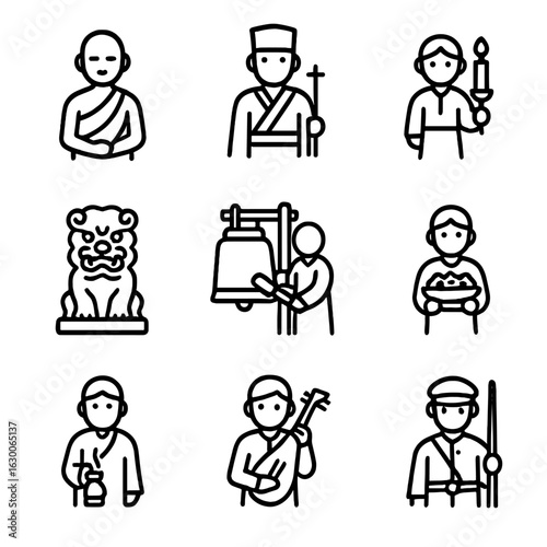 Temple Guard Icons. Outline icon set of temple guards and attendants: monk, priest, acolyte, temple guardian statue, bell ringer,