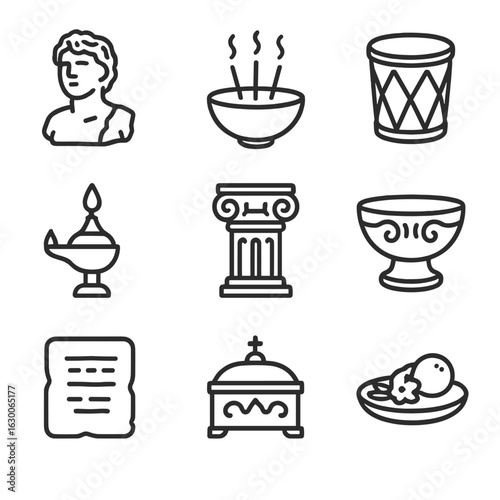 Temple Relics Icons. Outline icon set of temple relics: statue fragment, incense bowl, sacred drum, temple lamp, carved pillar,