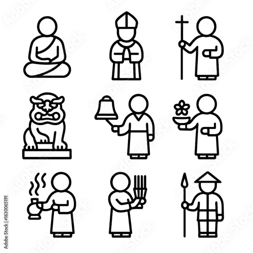 Temple Guard Icons. Outline icon set of temple guards and attendants: monk, priest, acolyte, temple guardian statue, bell ringer,