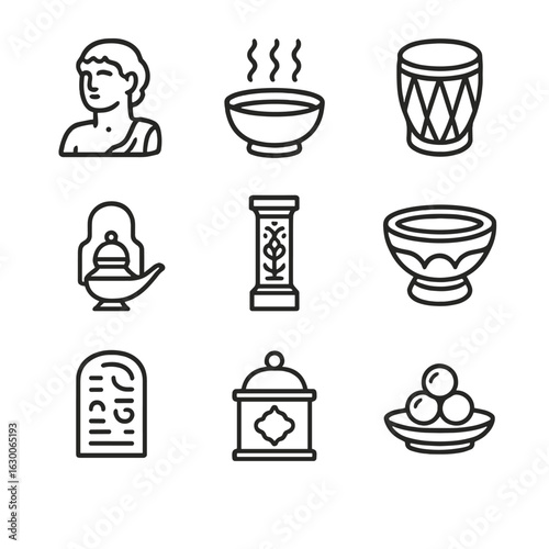 Temple Relics Icons. Outline icon set of temple relics: statue fragment, incense bowl, sacred drum, temple lamp, carved pillar,