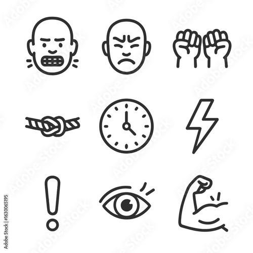 Tension Icon Set. Outline icon set of tension: clenched jaw, furrowed brow, clenched fists, tight rope, ticking clock, lightning