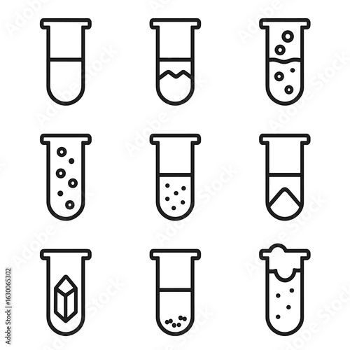 Test Tube Icon Set. Outline icon set of test tube contents: liquid sample, chemical solution, bubbling liquid, colored liquid, gas