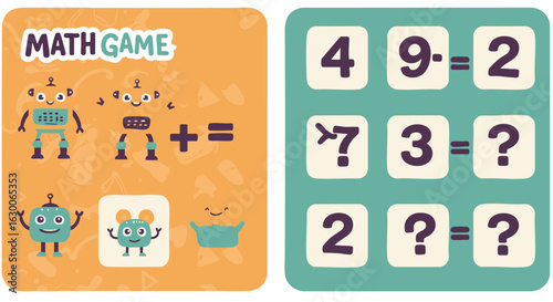 Illustration of a math game featuring robots and monsters on one side and number puzzles on the other, designed for children's education.