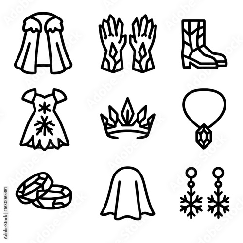 Ice Queen Attire Icons. Outline icon set of ice queen’s attire: fur cloak, crystal gloves, icy boots, snowflake dress, frost crown