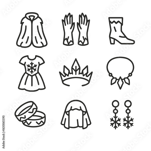 Ice Queen Attire Icons. Outline icon set of ice queen’s attire: fur cloak, crystal gloves, icy boots, snowflake dress, frost crown