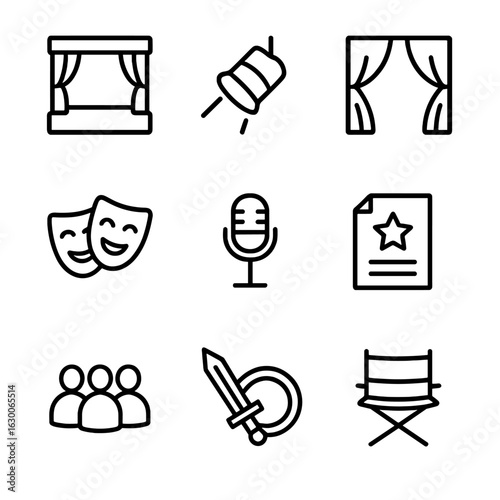 Theater Icons Grid. Outline icon set of theatrical scene: stage, spotlight, curtain, actor mask, microphone, script, audience,