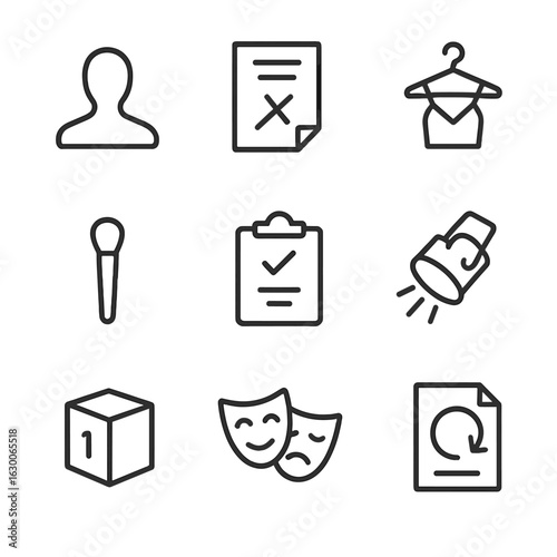 Theater Icon Set. Outline icon set of actor and performance: actor silhouette, rehearsal script, costume hanger, makeup brush,