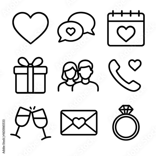 Millennial Romance Icons. Outline icon set of romantic relationship advice for millennials: heart, chat