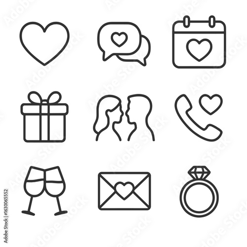 Millennial Romance Icons. Outline icon set of romantic relationship advice for millennials: heart, chat