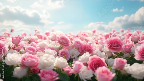 Pink rose flower white rose flower garden nature sky cloud sunlight beautiful romantic fresh blossom bloom spring background vibrant colorful floral petals greenery bright daylight peaceful outdoor