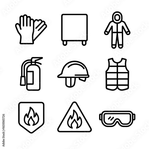 Thermal Safety Icons. Outline icon set of thermal safety equipment: heat resistant gloves, fire blanket, thermal suit, fire