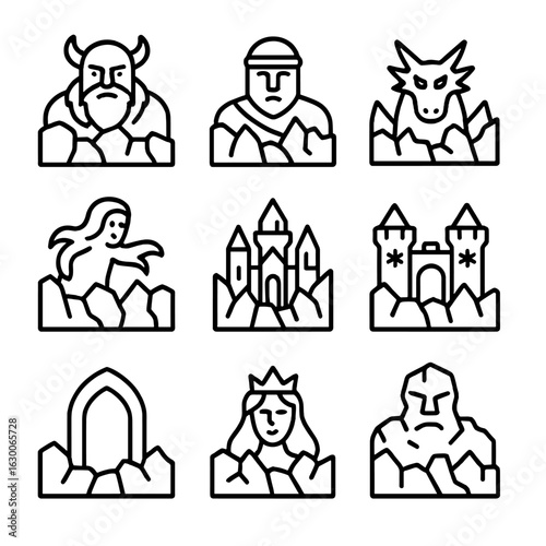 Ice Wall Icon Set. Outline icon set of ice wall mythical themes: frost giant wall, glacier guardian, snow dragon barrier, chilling