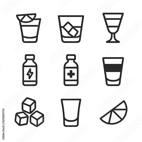 Iconic Drink Shots. Outline icon set of drink shots: tequila shot, whiskey glass, cocktail shot, energy shot, medicine shot,