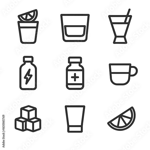 Iconic Drink Shots. Outline icon set of drink shots: tequila shot, whiskey glass, cocktail shot, energy shot, medicine shot,