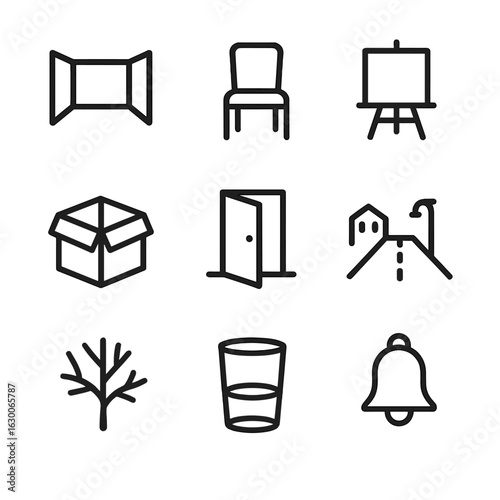 Iconic Emptiness Set. Outline icon set of emptiness: empty room, vacant chair, blank canvas, hollow box, open door, abandoned
