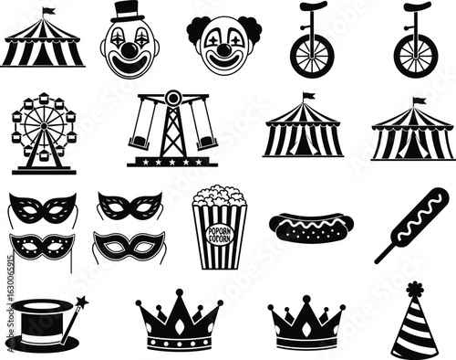 Collection of vintage circus icons featuring tents clowns masks ferris wheel popcorn and top hats