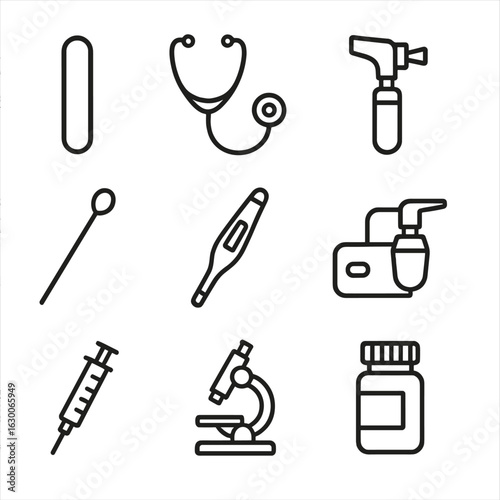 Throat Medical Icons. Outline icon set of throat medical tools: tongue depressor, stethoscope, otoscope, throat swab, thermometer,
