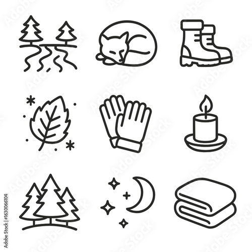 Icy Calmness Icons. Outline icon set of icy calmness: frozen river, sleeping wolf, snow boots, frost-covered leaf, warm gloves,