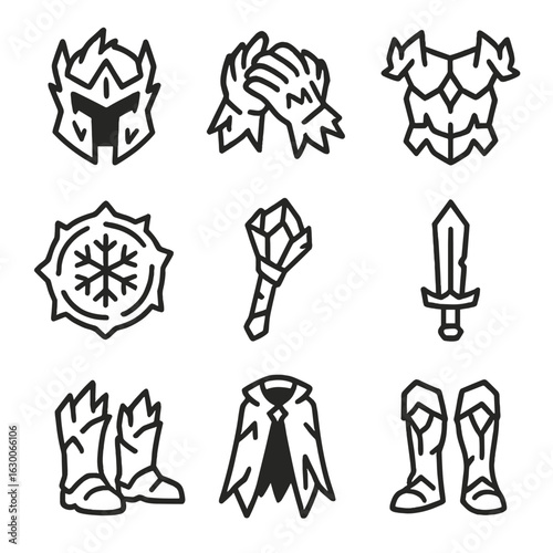 Icy Armor Icon Set. Outline icon set of icy armor components: frozen helmet, frost gauntlets, ice chestplate, glacial boots, snow