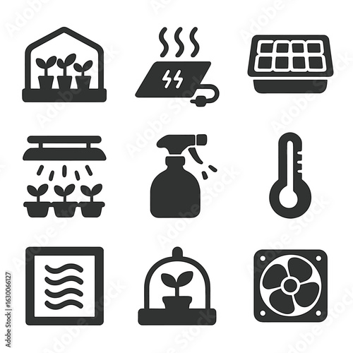 Mini Greenhouse Icons. Solid, filled icons set of small indoor greenhouse setups: mini greenhouse frame,