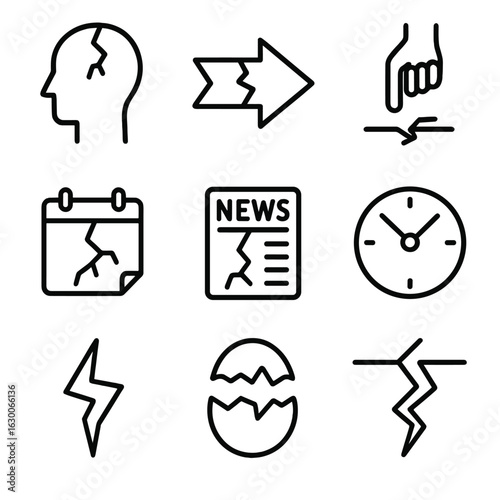 Time Break Icons. Outline icon set of crack in time: moment of realization, sudden change, abrupt decision, shattered plans,