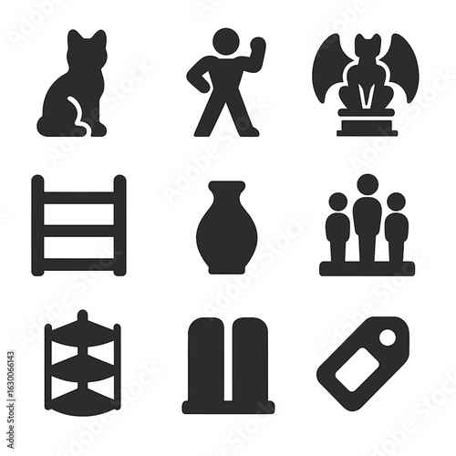 Miniature Icons Grid. Solid, filled icons set of organizing decorative miniatures: ceramic animal, action