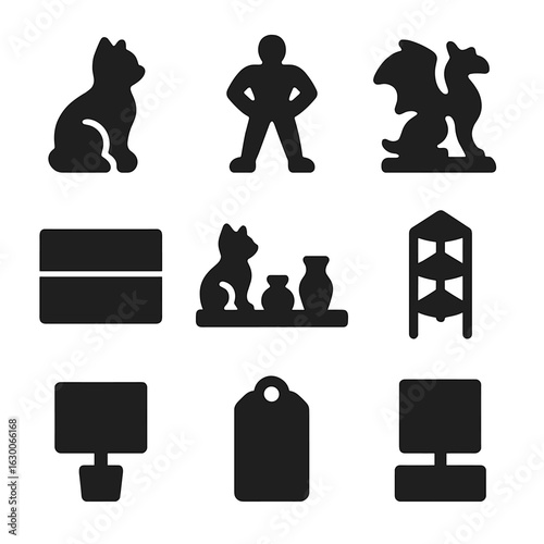 Miniature Icons Grid. Solid, filled icons set of organizing decorative miniatures: ceramic animal, action