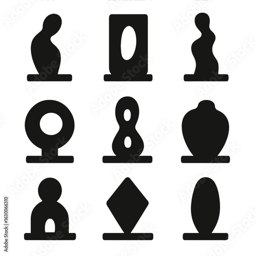 Minimalist Icon Grid. Solid, filled icons set of minimalist sculpture styling: single piece, negative space