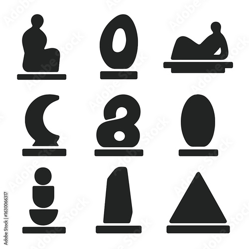 Minimalist Icon Grid. Solid, filled icons set of minimalist sculpture styling: single piece, negative space