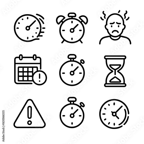 Time Pressure Icons. Outline icon set of time pressure: clock ticking fast, alarm ringing, person stressed, calendar deadline,