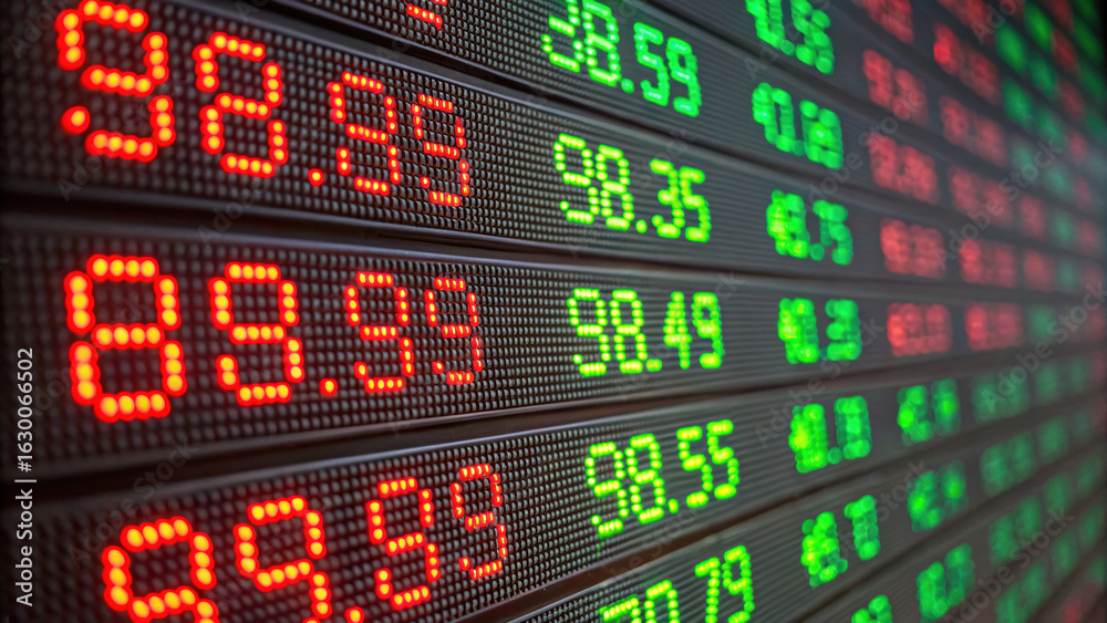 Fototapeta premium Stock market display showing fluctuating numbers in red and green indicating financial trends and potential rebound in Q4. Q4 Rebound