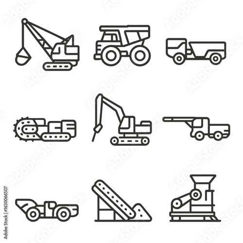 Mining Equipment Icons. Outline icon set of mining machinery: dragline excavator, haul truck, shuttle car,