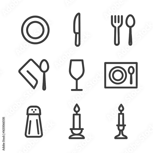 Dining Icons Set. Outline icon set of dining settings with tablespoon: plate, knife, fork, tablespoon, napkin, glass, placemat,