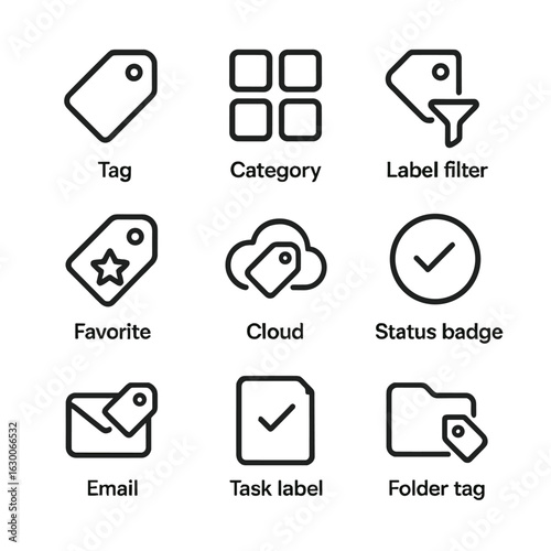 Outline Icon Set. Outline icon set of digital label UI icons: tag icon, category label, label filter, favorite tag, label cloud,