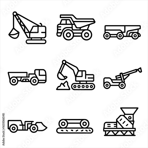 Mining Equipment Icons. Outline icon set of mining machinery: dragline excavator, haul truck, shuttle car,