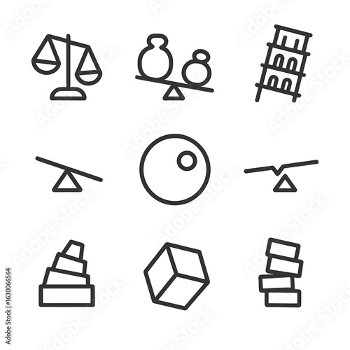 Imbalance Icon Set. Outline icon set of imbalance concepts: tilted scale, uneven weights, leaning tower, crooked balance beam, off