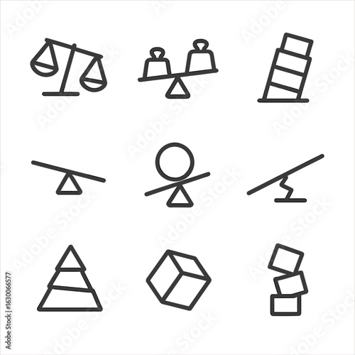 Imbalance Icon Set. Outline icon set of imbalance concepts: tilted scale, uneven weights, leaning tower, crooked balance beam, off